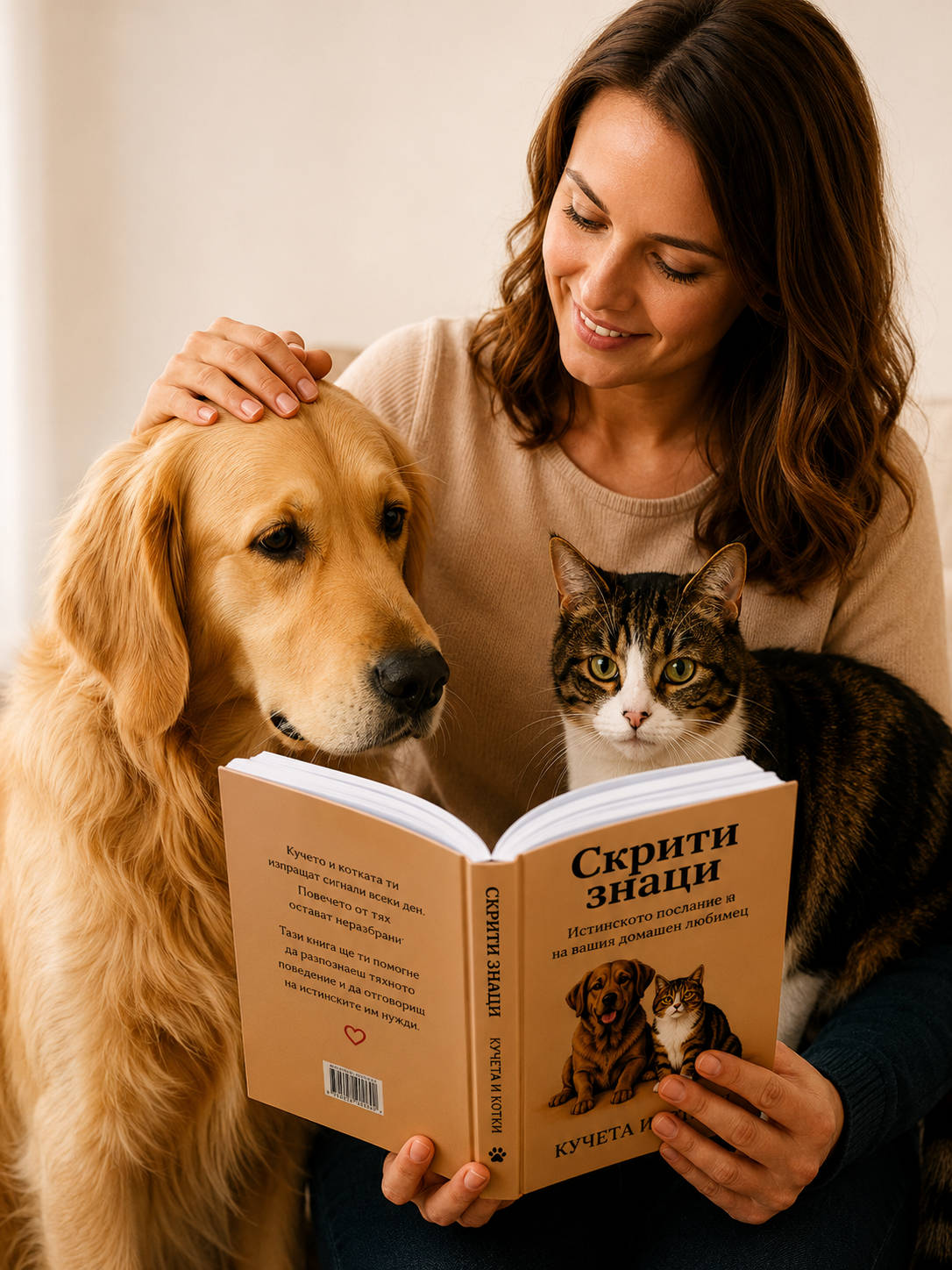 Жена чете Скрити знаци с куче и котка